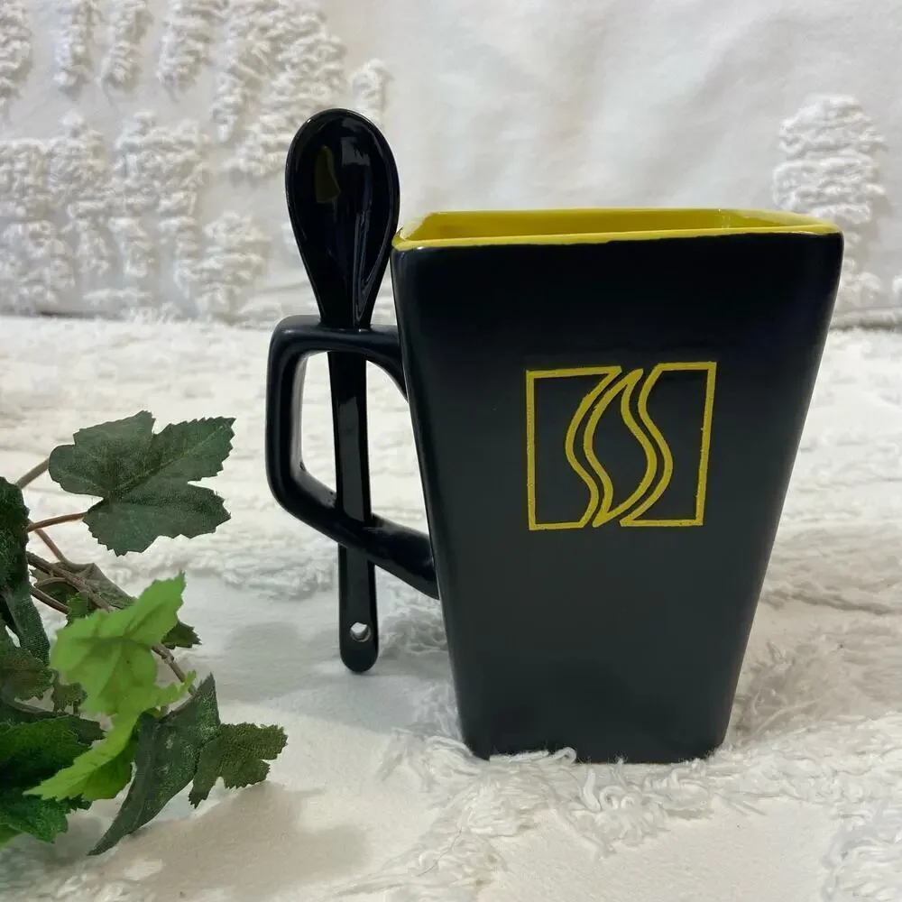 DISARONNO Square Collector's Spirit Mug w/Spoon Ceramic Blk/Yellow 8oz Rum Booze